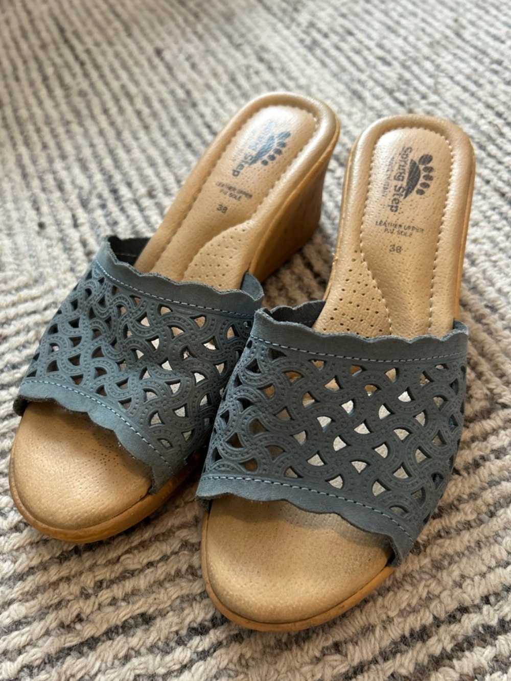 Spring Step Women's Blue Cutout Slide Wedge Sandals Size 6